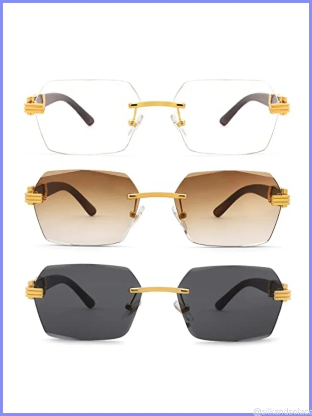 Rimless Rectangle Sunglasses Retro Y2K Square UV400 with Imitation Wood Temples